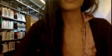 Sexy teen babe fucks herself and teases in public library